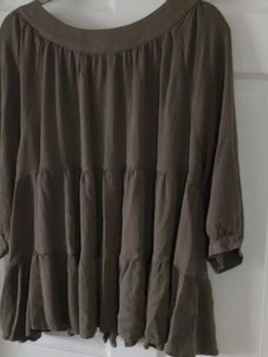 Ott Women's XS Loose Fit Olive Green Button-Up Tiered Blouse Babydoll Boho-Chic - Picture 2 of 4